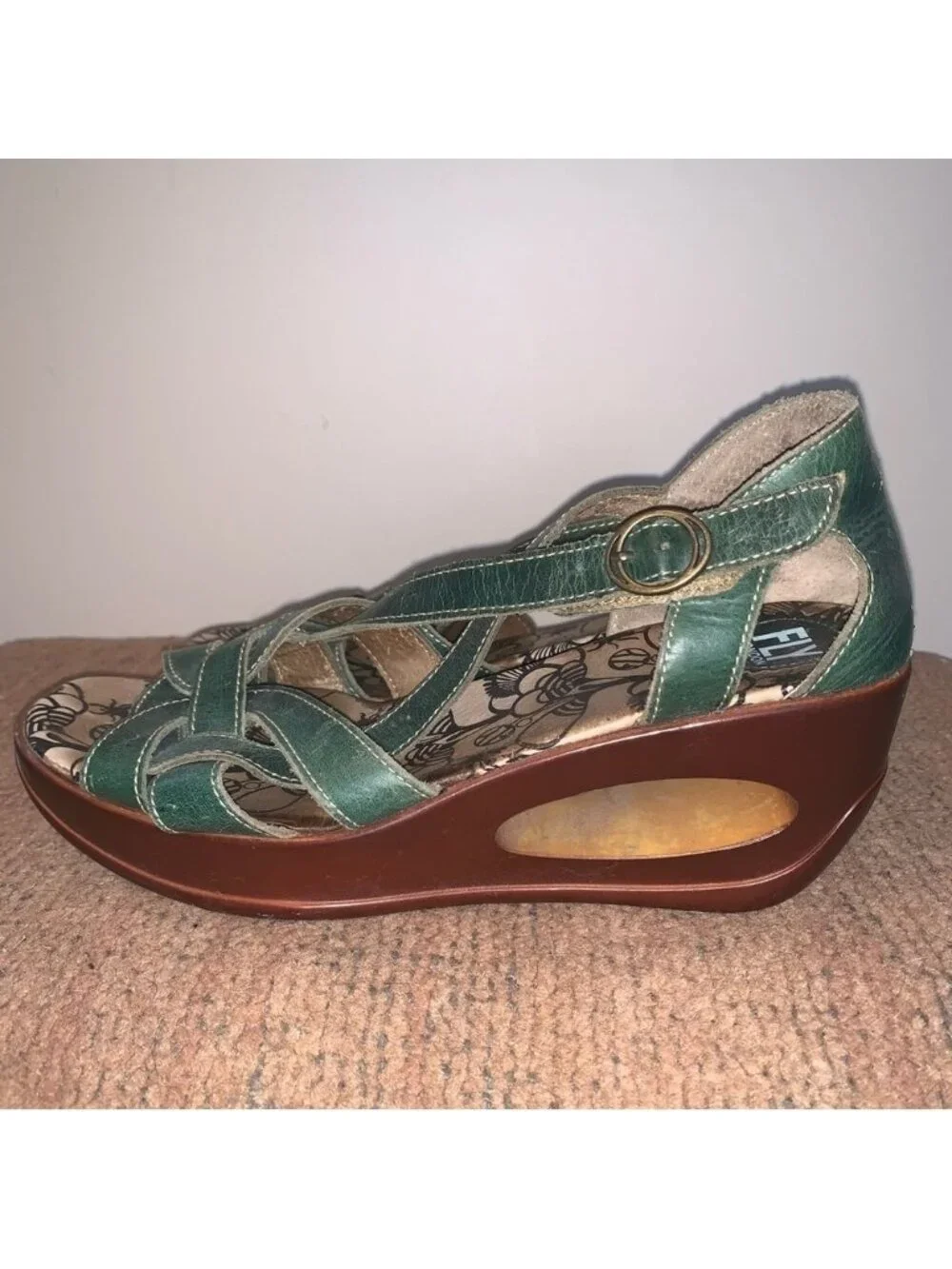 Fly London Teal Leather Wedge Sandals